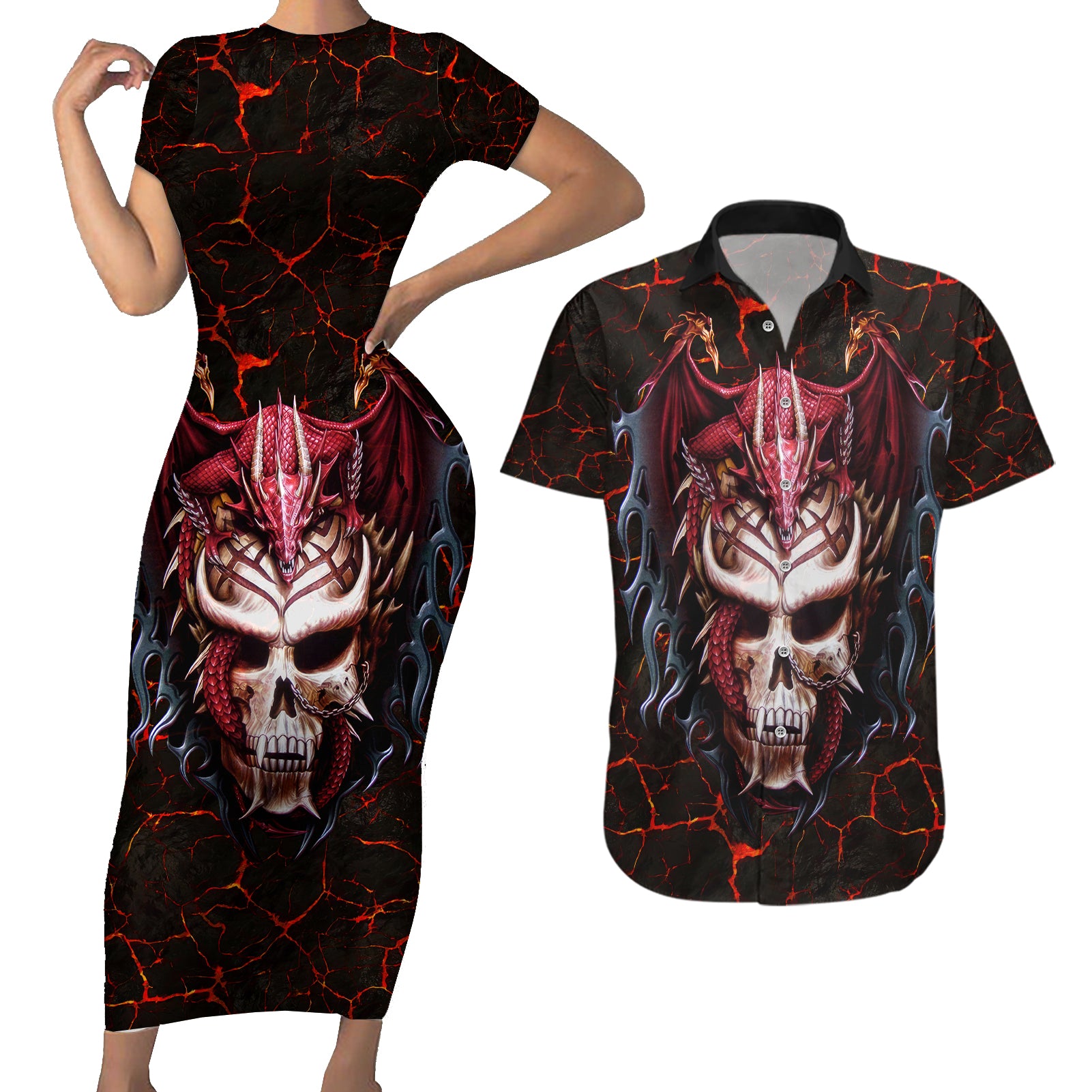 Infernal Draconic Skull Couples Matching Short Sleeve Bodycon Dress and Hawaiian Shirt Embracing the Fiery Soul - Wonder Print Shop