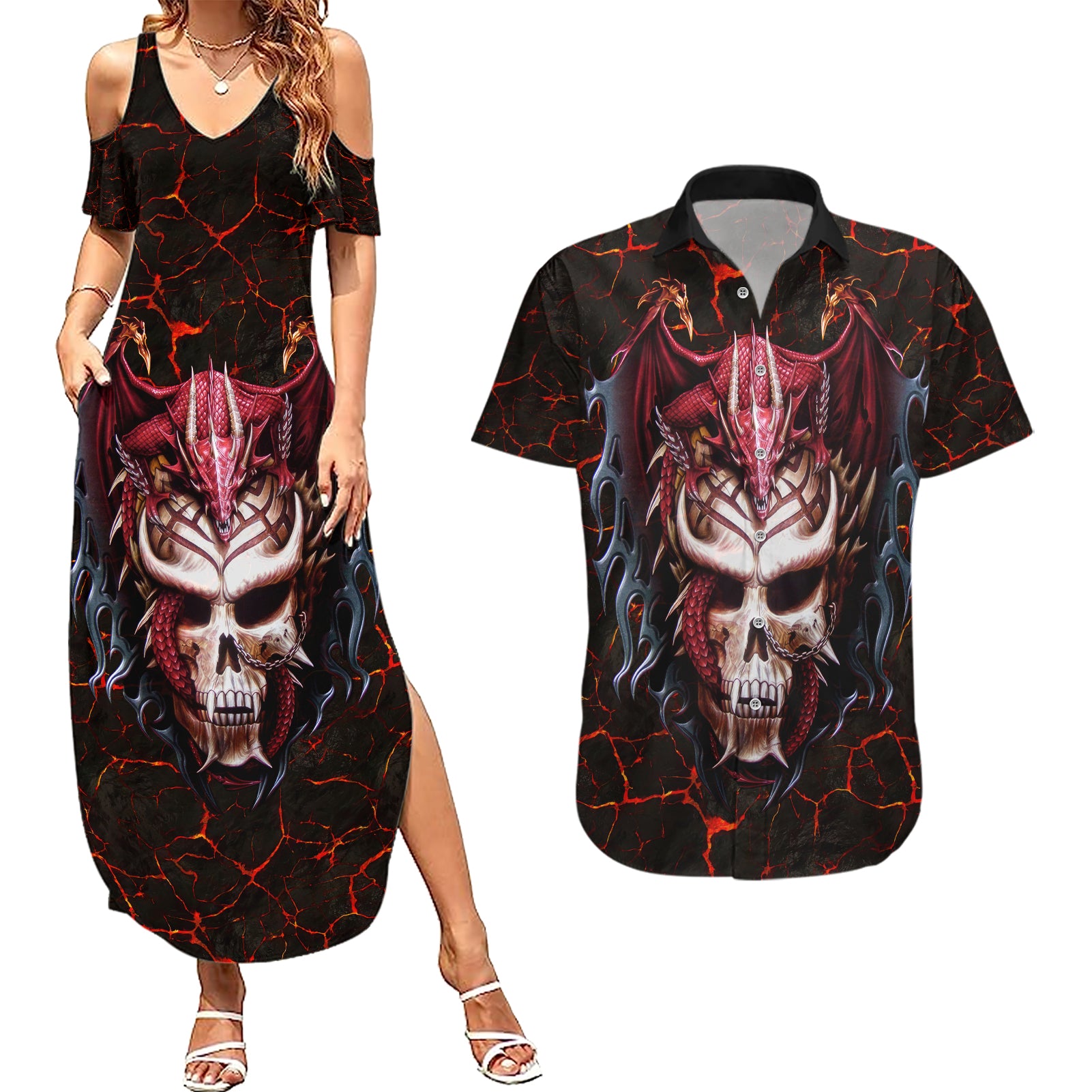 Infernal Draconic Skull Couples Matching Summer Maxi Dress and Hawaiian Shirt Embracing the Fiery Soul - Wonder Print Shop