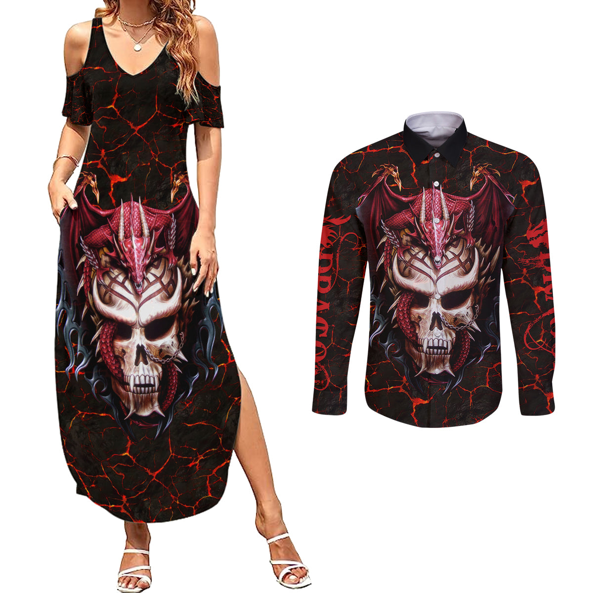 Infernal Draconic Skull Couples Matching Summer Maxi Dress and Long Sleeve Button Shirts Embracing the Fiery Soul - Wonder Print Shop