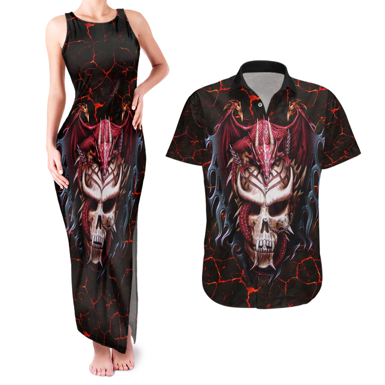 Infernal Draconic Skull Couples Matching Tank Maxi Dress And Hawaiian Shirt Embracing the Fiery Soul - Wonder Print Shop