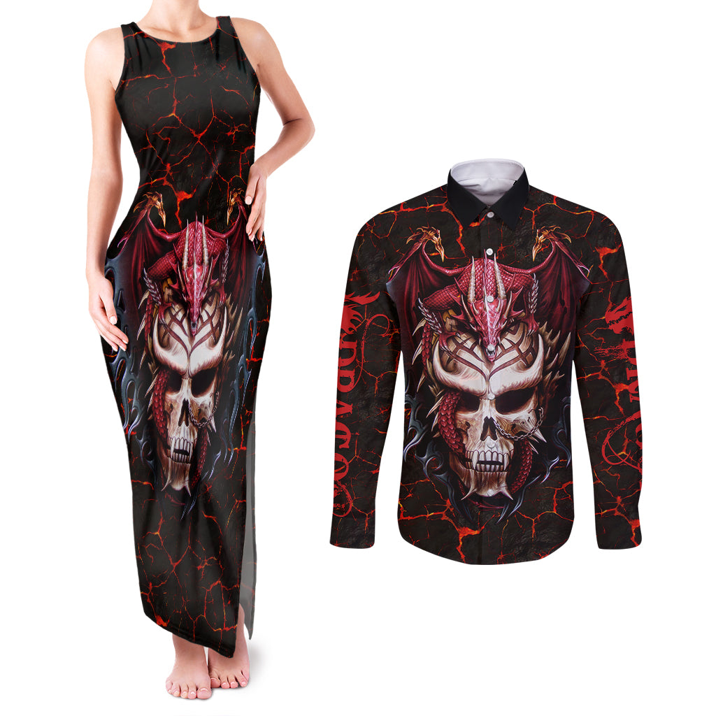 Infernal Draconic Skull Couples Matching Tank Maxi Dress and Long Sleeve Button Shirts Embracing the Fiery Soul - Wonder Print Shop