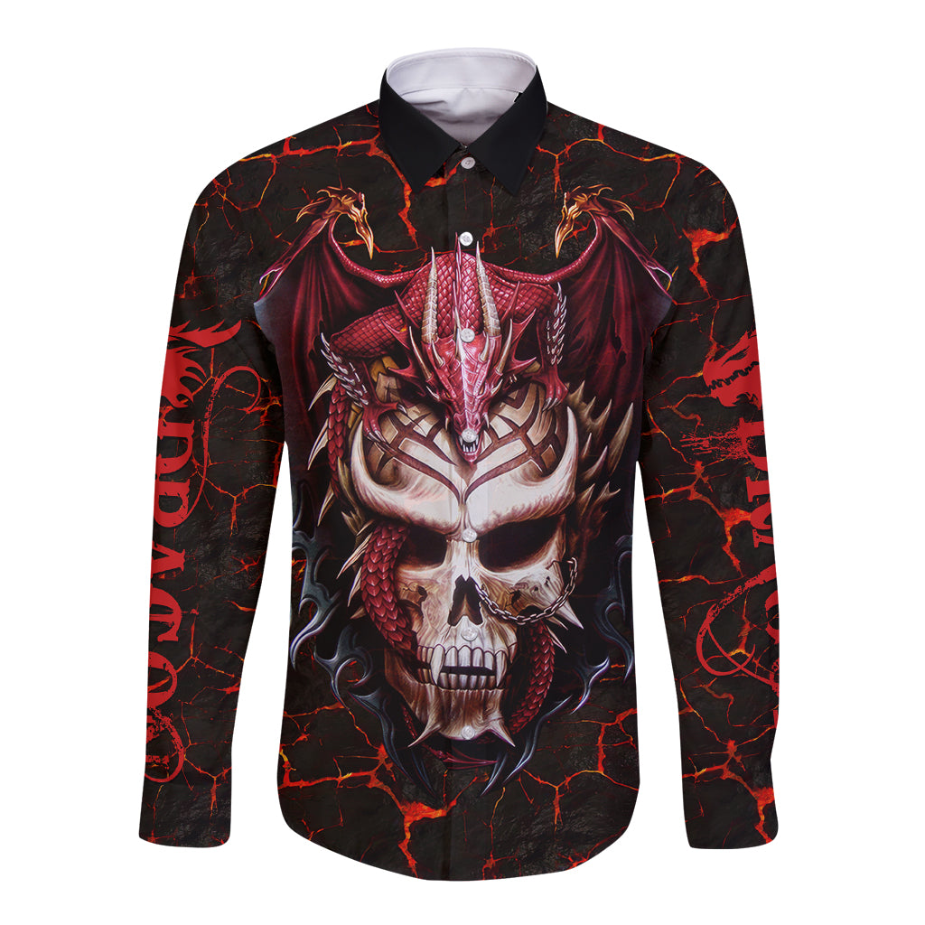 Infernal Draconic Skull Long Sleeve Button Shirt Embracing the Fiery Soul - Wonder Print Shop