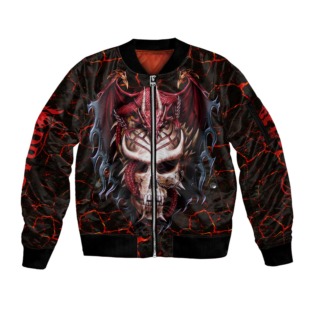 Infernal Draconic Skull Sleeve Zip Bomber Jacket Embracing the Fiery Soul DT01