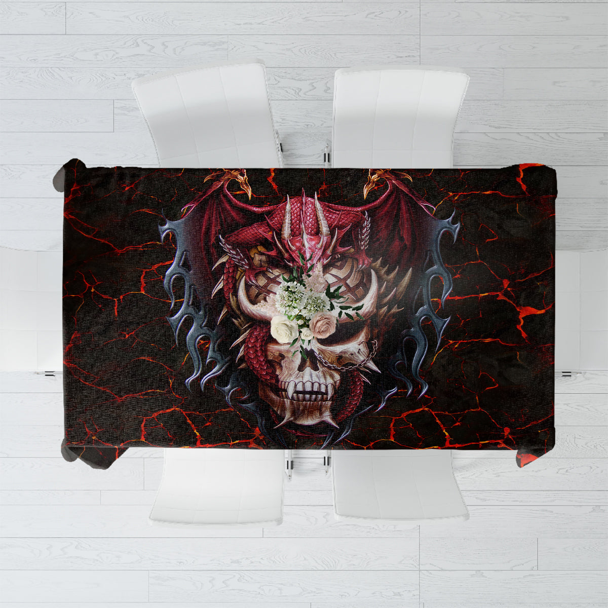 Square black tablecloth with fiery red cracked lava pattern and dragon skull centerpiece