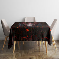 Square black tablecloth with red lava cracks and dragon skull illustration at center