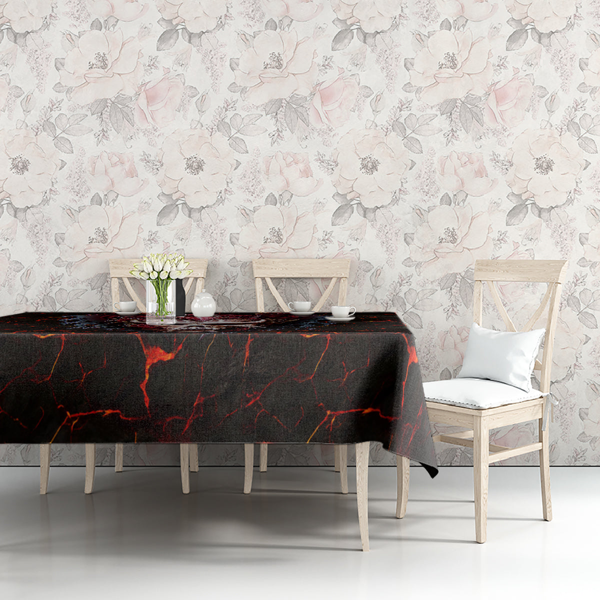 Rectangular black tablecloth with red lava cracks and dragon skull design on dining table