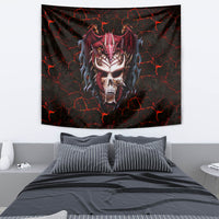 Dragon skull tapestry wall hanging with glowing red cracks and skull head