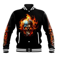 Black baseball jacket with flaming skull graphic, striped ribbed collar and cuffs