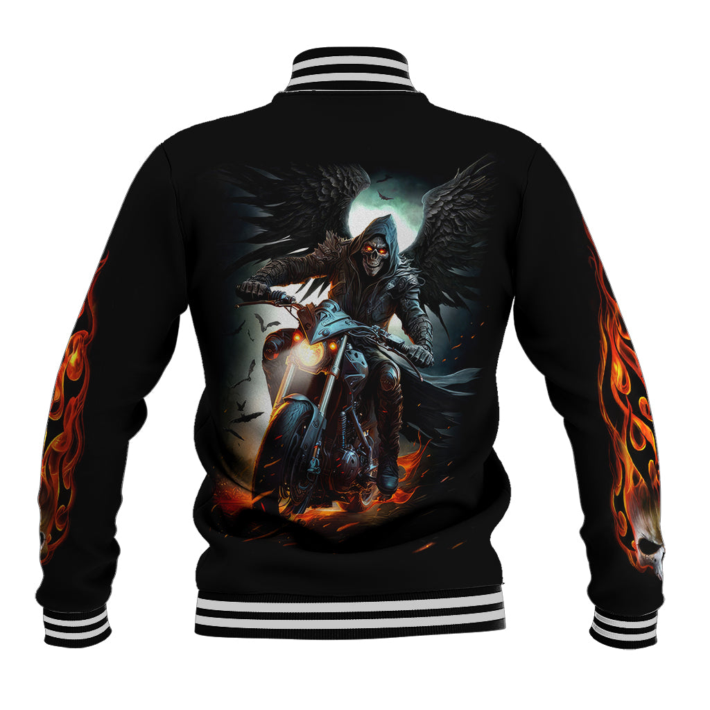 Black baseball jacket with winged figure back print, flames on sleeves, ribbed cuffs