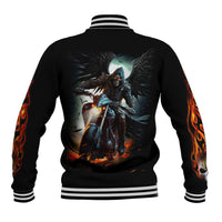 Black baseball jacket with winged figure back print, flames on sleeves, ribbed cuffs