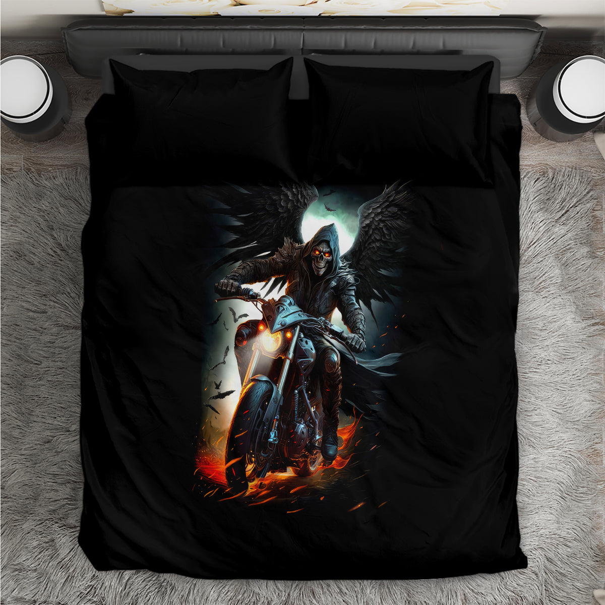 Flaming Skull Bedding Set Celestial Riders with Angel Wings - Wonder Print Shop