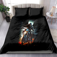 Black bedding set showing angel wings, glowing armor rider, and fiery accents graphic