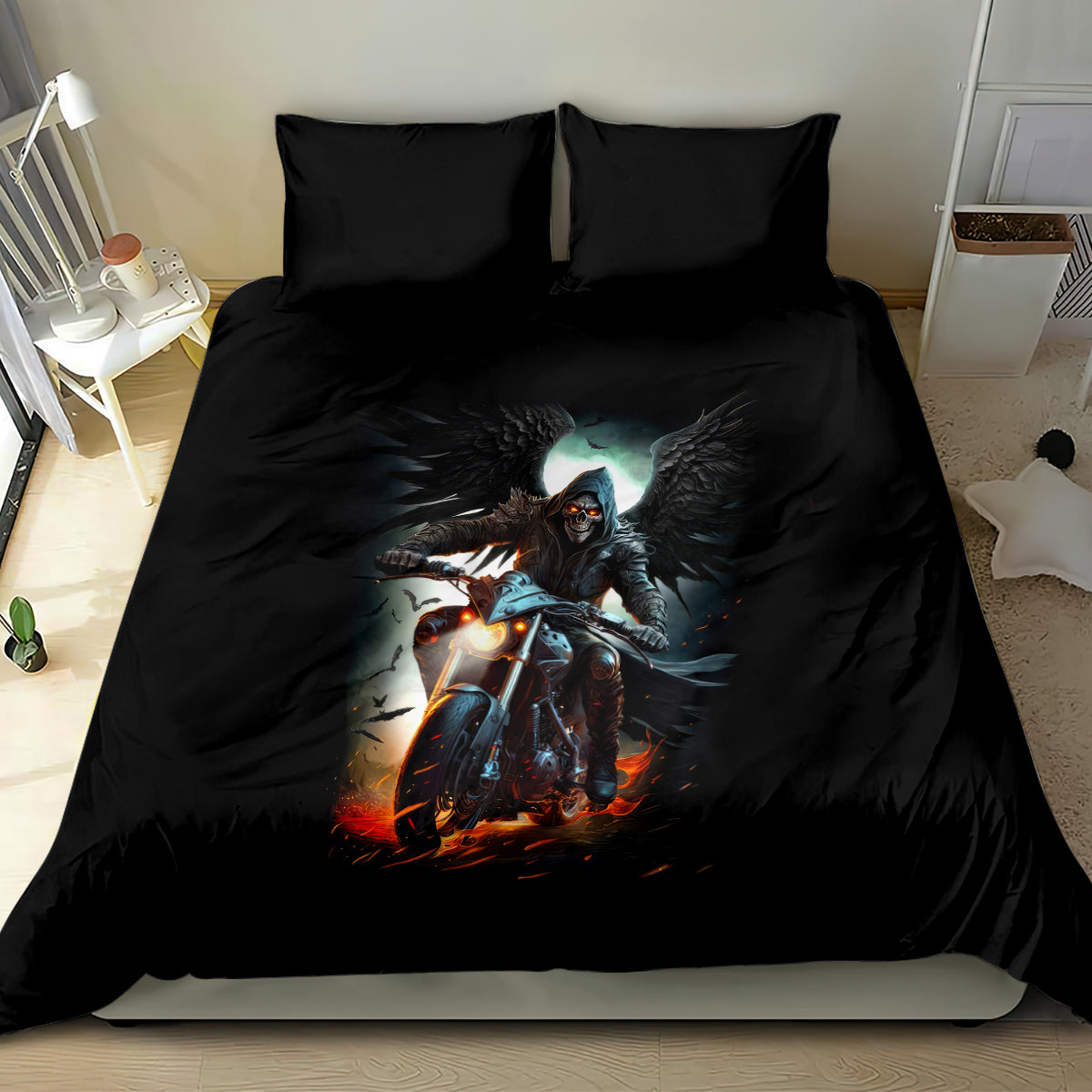 Black bedding set featuring angel wings and glowing rider with fiery flames artwork