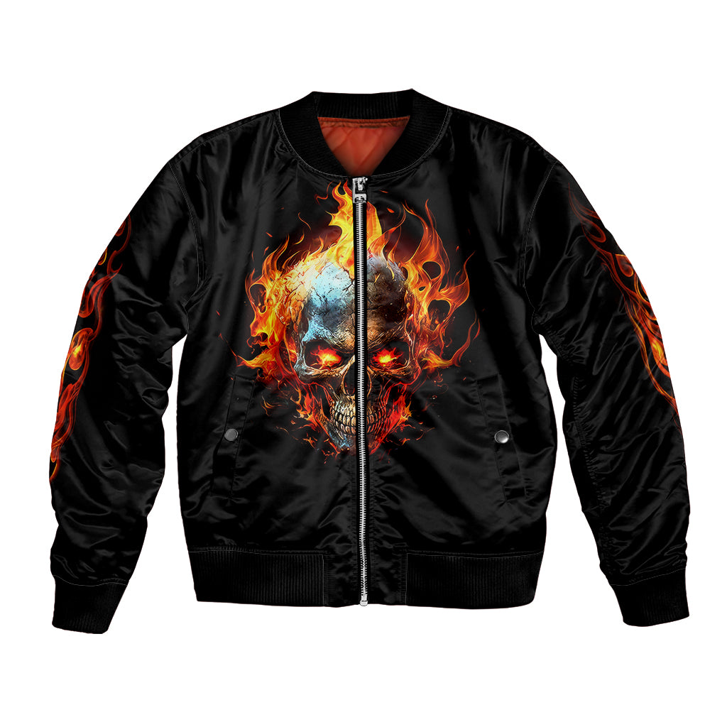 Unisex black bomber jacket with flaming skull graphic and front zip, ribbed cuffs