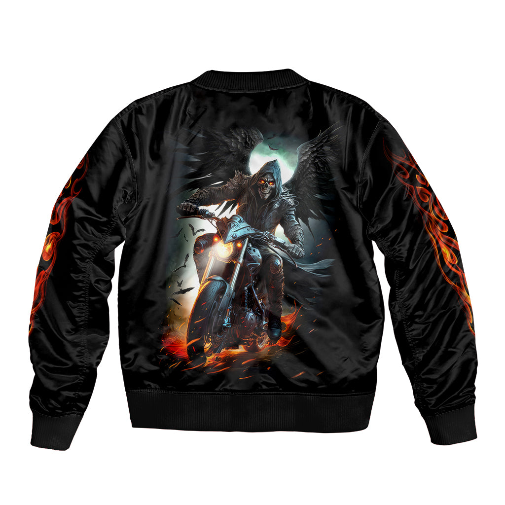 Unisex black bomber jacket with back graphic of winged wolf holding glowing lantern