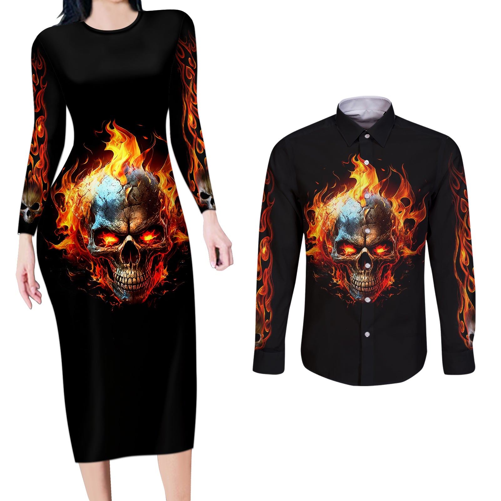 Flaming Skull Couples Matching Long Sleeve Bodycon Dress and Long Sleeve Button Shirts Celestial Riders with Angel Wings - Wonder Print Shop