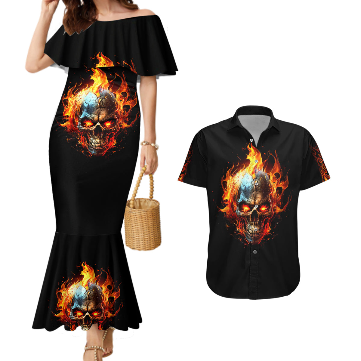 Flaming Skull Couples Matching Mermaid Dress And Hawaiian Shirt Celestial Riders with Angel Wings - Wonder Print Shop