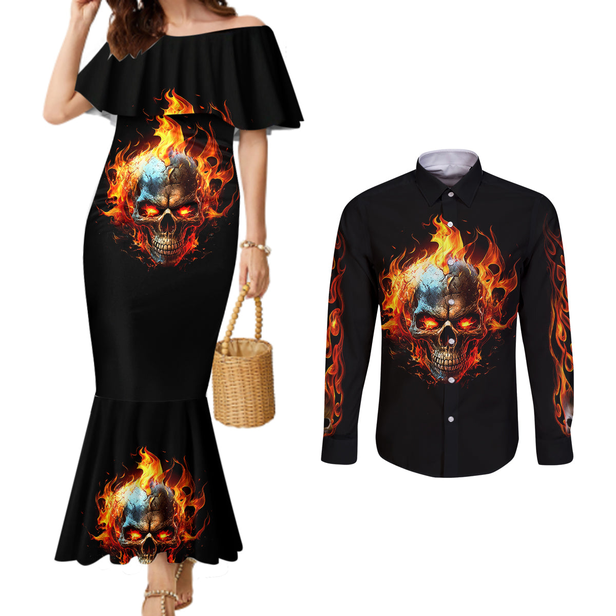 Flaming Skull Couples Matching Mermaid Dress and Long Sleeve Button Shirts Celestial Riders with Angel Wings DT01