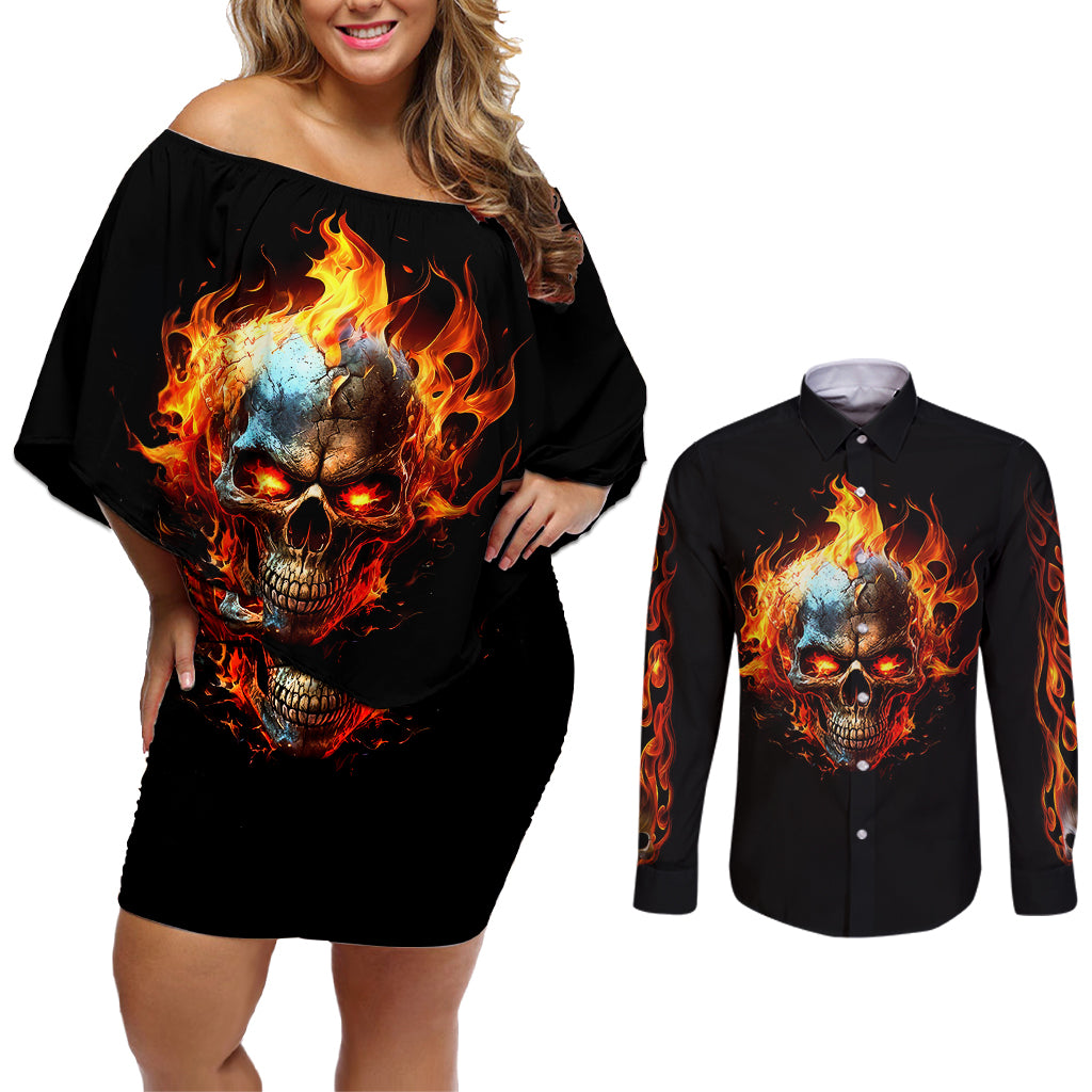 Flaming Skull Couples Matching Off Shoulder Short Dress and Long Sleeve Button Shirts Celestial Riders with Angel Wings - Wonder Print Shop