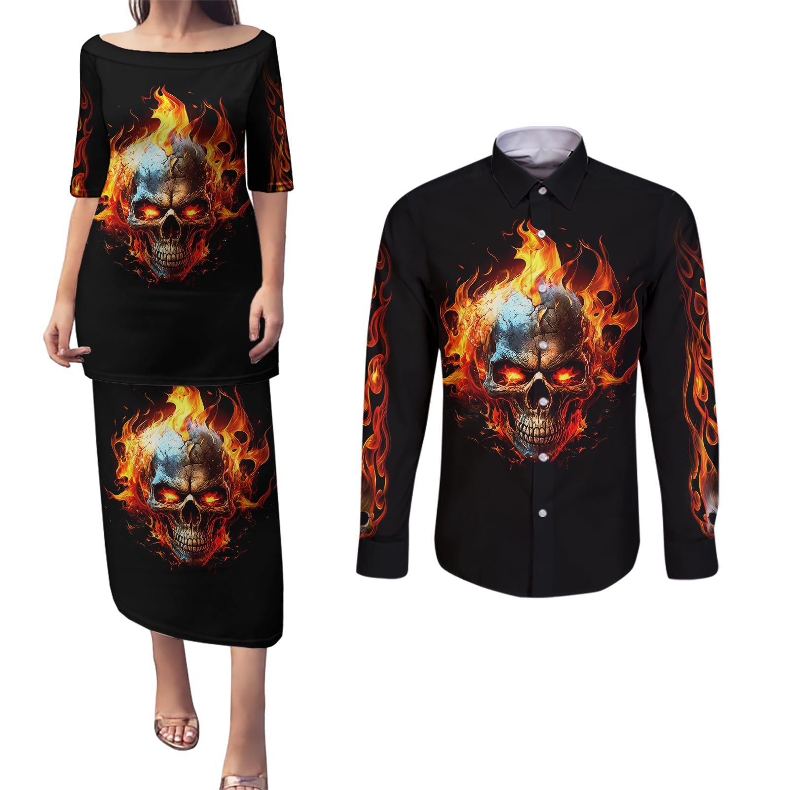 Flaming Skull Couples Matching Puletasi Dress and Long Sleeve Button Shirts Celestial Riders with Angel Wings - Wonder Print Shop