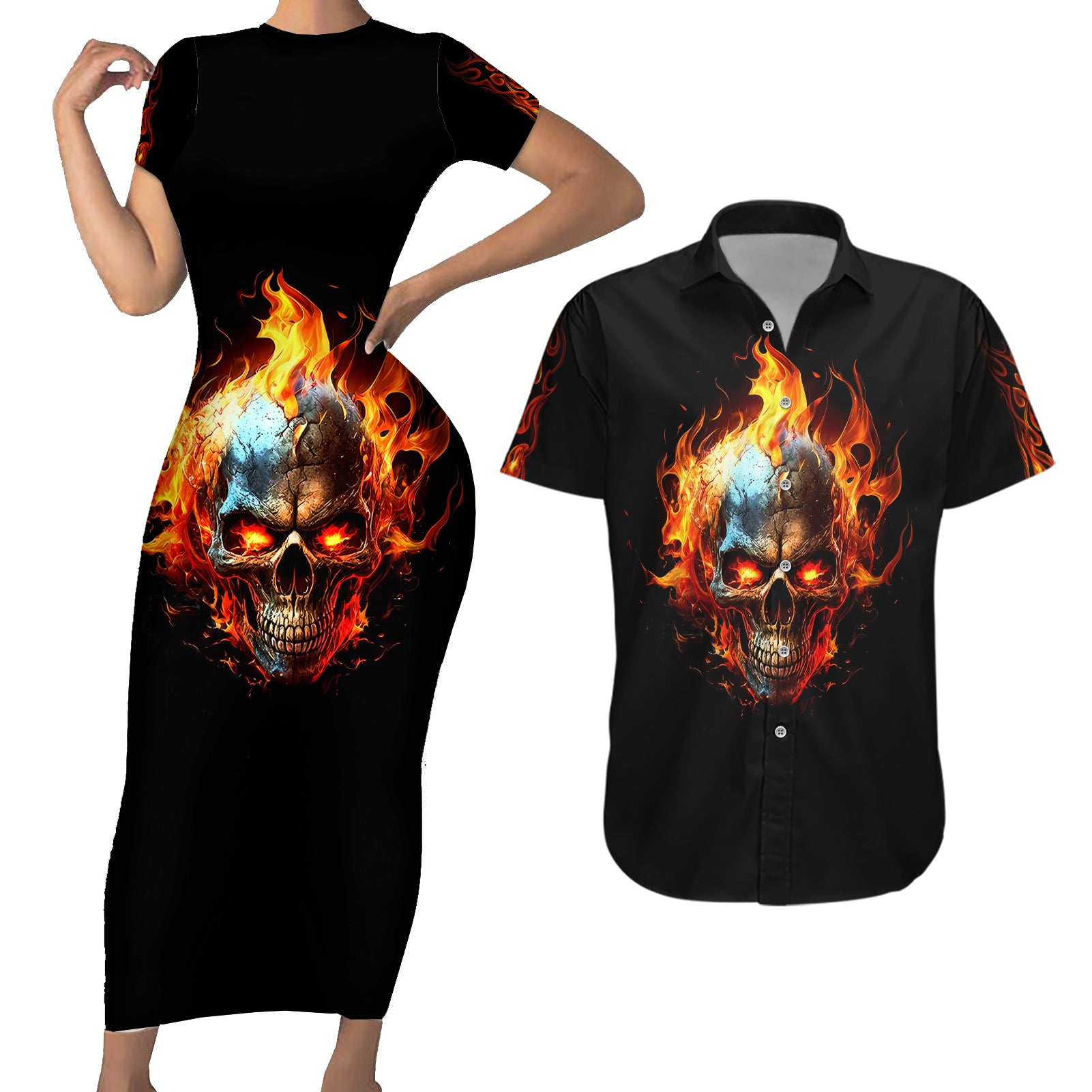 Flaming Skull Couples Matching Short Sleeve Bodycon Dress and Hawaiian Shirt Celestial Riders with Angel Wings - Wonder Print Shop