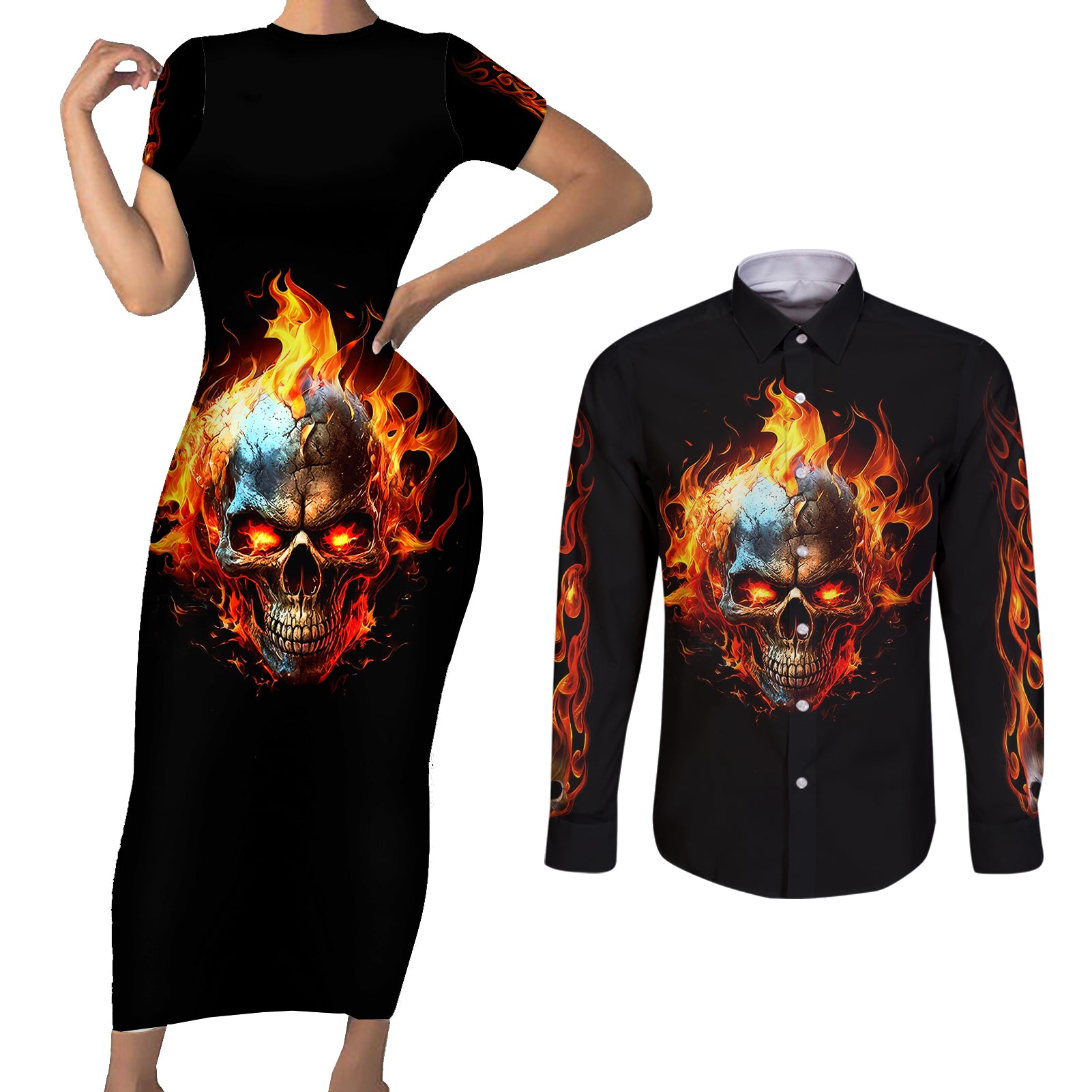 Flaming Skull Couples Matching Short Sleeve Bodycon Dress and Long Sleeve Button Shirts Celestial Riders with Angel Wings - Wonder Print Shop