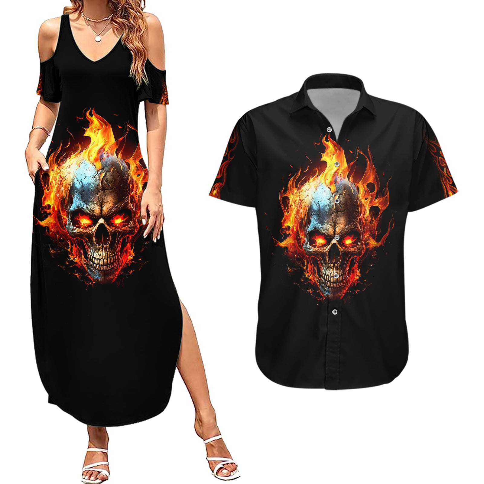 Flaming Skull Couples Matching Summer Maxi Dress and Hawaiian Shirt Celestial Riders with Angel Wings - Wonder Print Shop