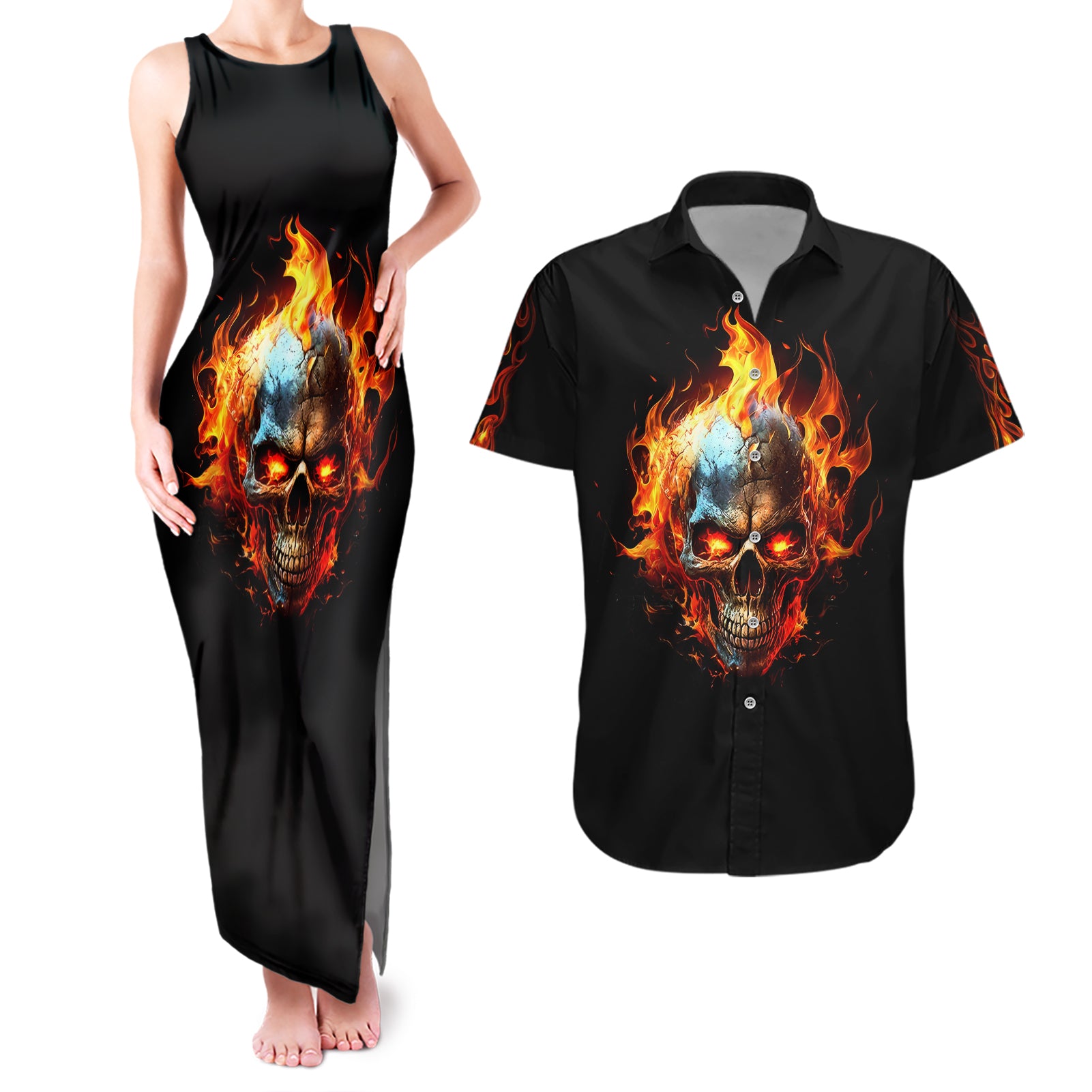 Flaming Skull Couples Matching Tank Maxi Dress And Hawaiian Shirt Celestial Riders with Angel Wings - Wonder Print Shop