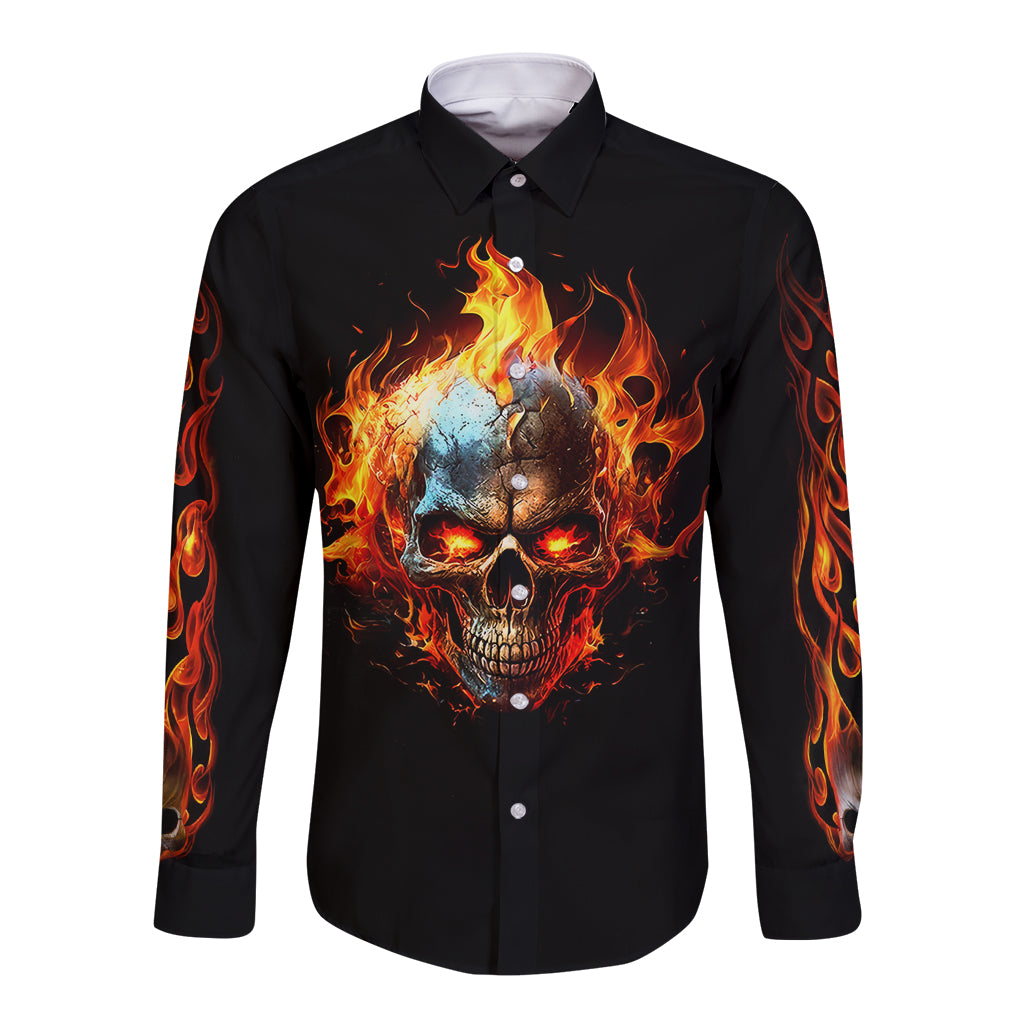 Flaming Skull Long Sleeve Button Shirt Celestial Riders with Angel Wings - Wonder Print Shop