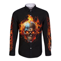 Black long-sleeve button shirt with fiery flaming skull graphic on front