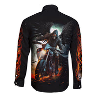 Black long-sleeve button shirt with angel-wing rider graphic on back