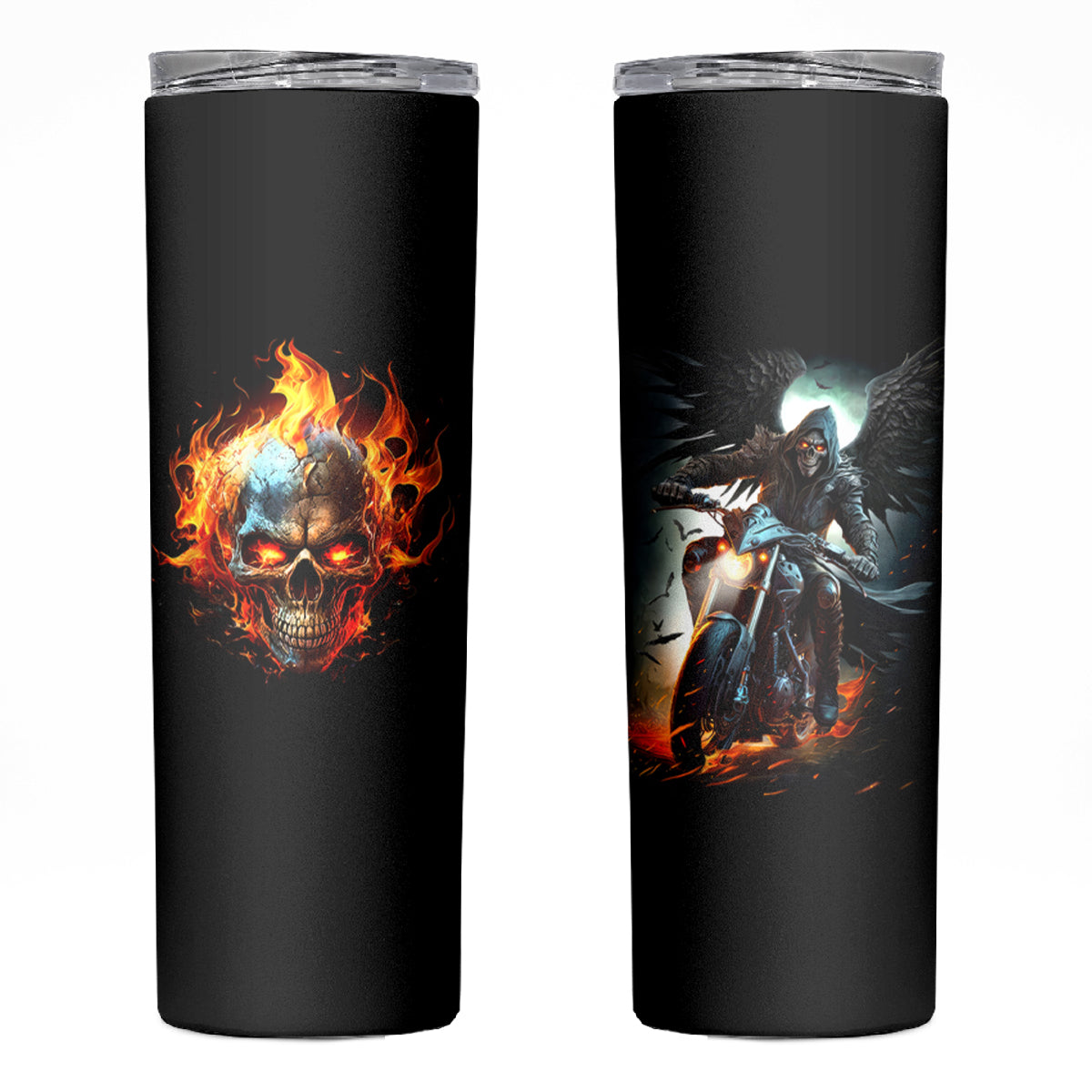 Flaming Skull Skinny Tumbler Celestial Riders with Angel Wings