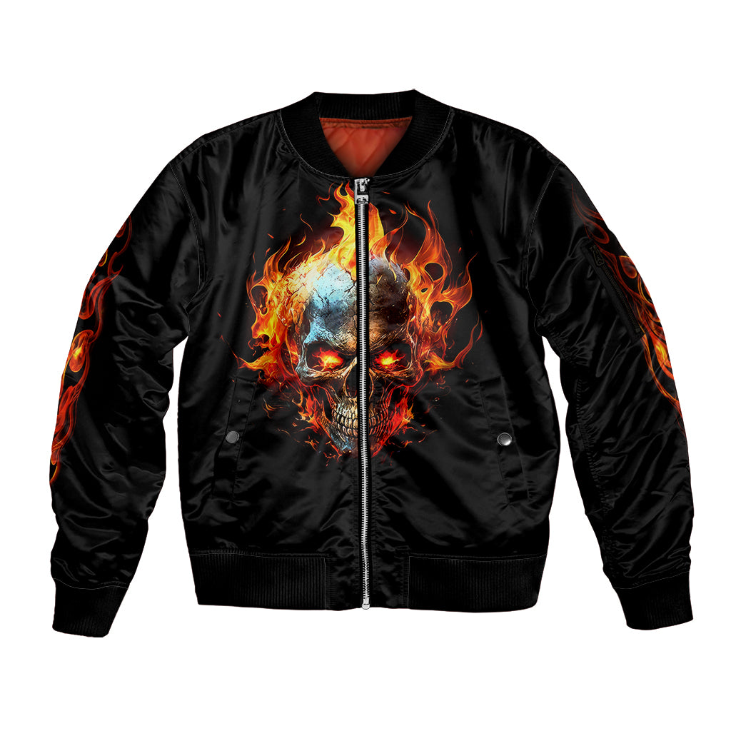 Flaming Skull Sleeve Zip Bomber Jacket Celestial Riders with Angel Wings DT01