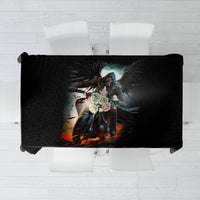 Black printed tablecloth with flaming skull angel-wing rider design, centered.