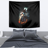 Black wall tapestry featuring an angel-winged rider holding a glowing light, flaming skull detail.