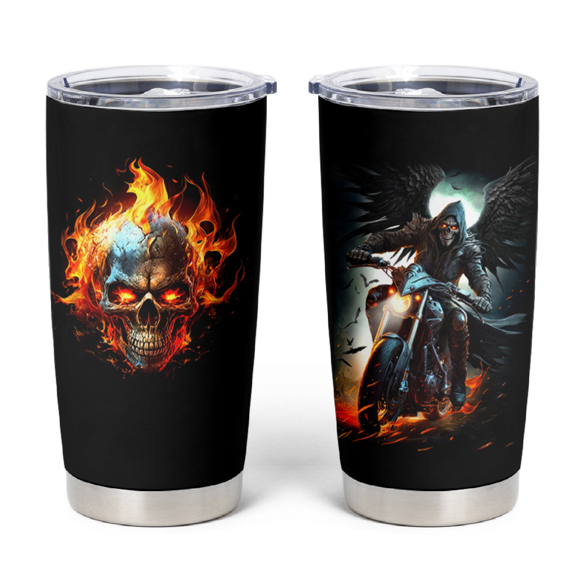 Flaming Skull Tumbler Cup Celestial Riders with Angel Wings