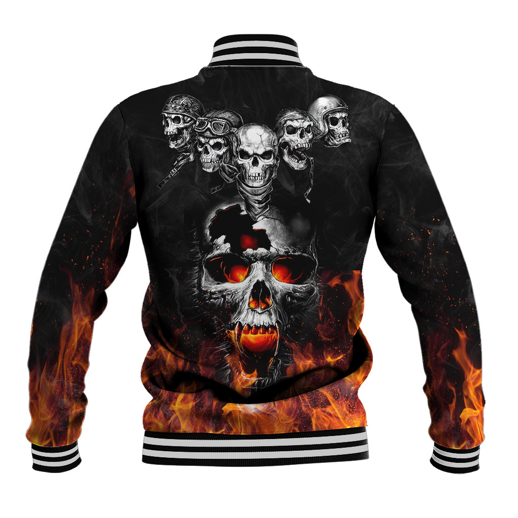 Black hoodie baseball jacket, skull flames on back, striped ribbed cuffs and hem
