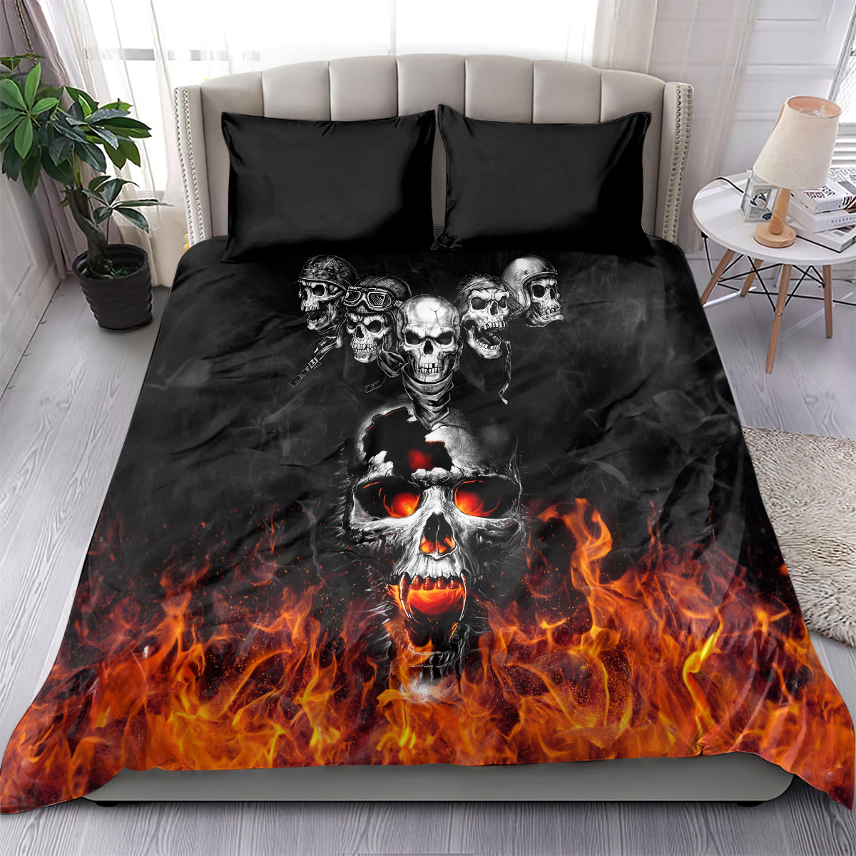 Black flaming skull bedding set with fiery orange flames; includes matching pillowcases