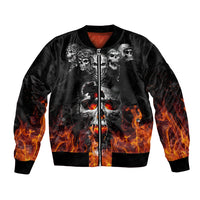 Black bomber jacket with flaming skull graphic, full front zipper