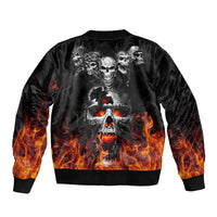 Black bomber jacket with flaming skull graphic on back, ribbed hem and cuffs