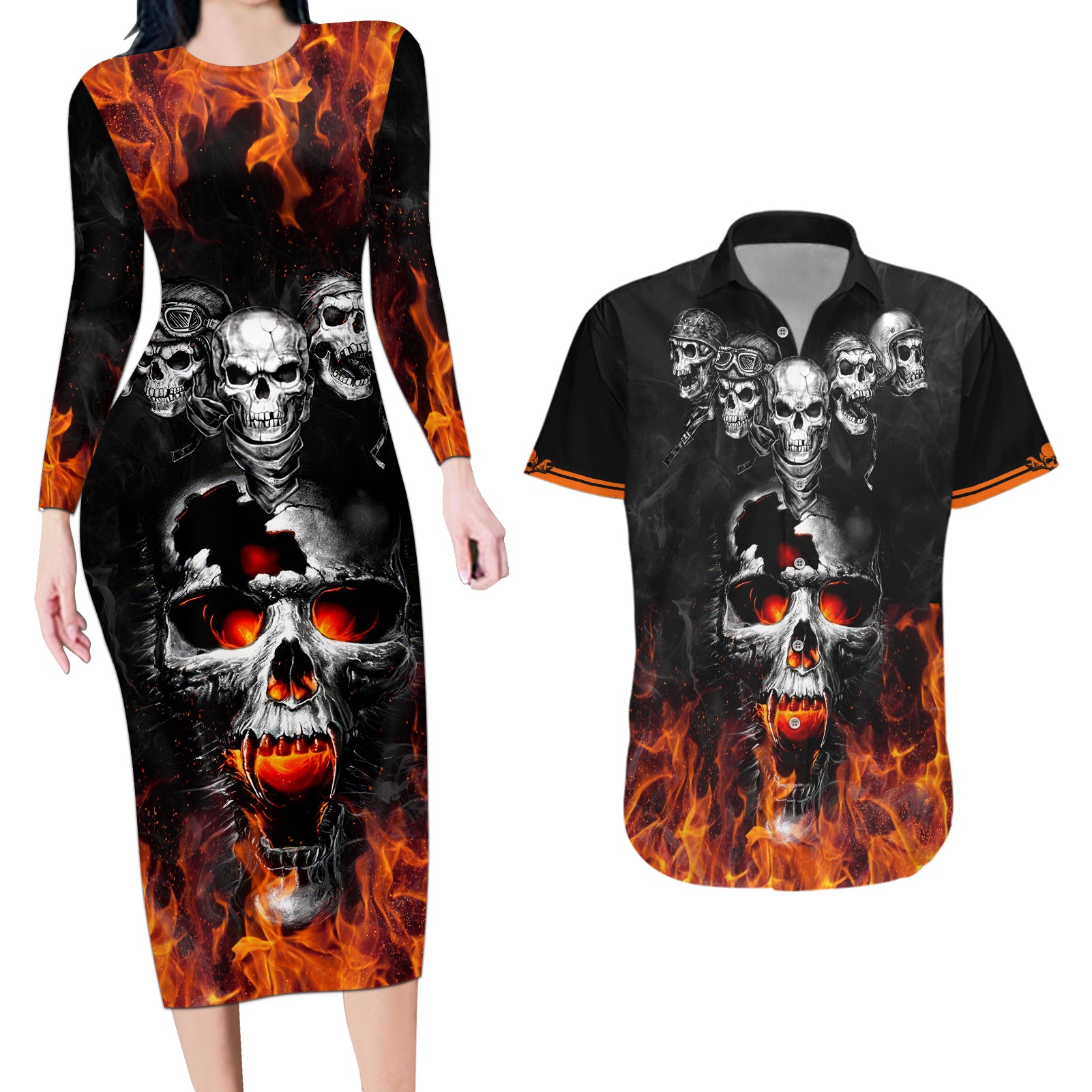 Flaming Skull Hoodie Couples Matching Long Sleeve Bodycon Dress and Hawaiian Shirt Spectral Pyre - Wonder Print Shop