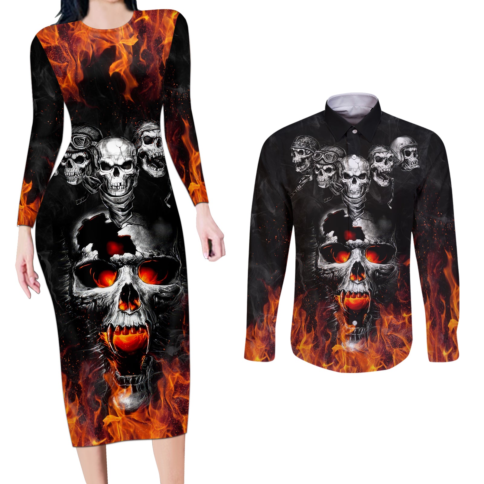 Flaming Skull Hoodie Couples Matching Long Sleeve Bodycon Dress and Long Sleeve Button Shirts Spectral Pyre - Wonder Print Shop