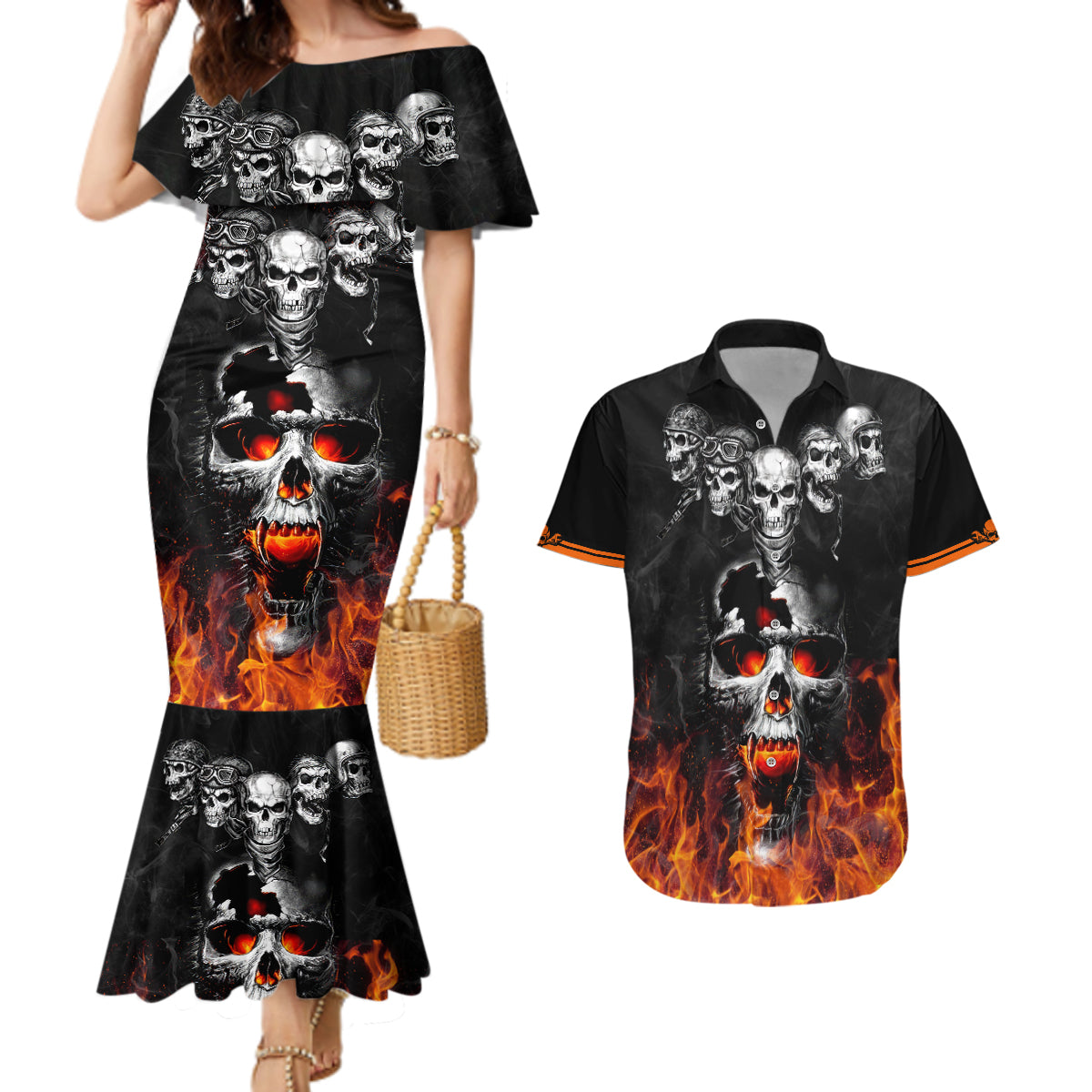 Flaming Skull Hoodie Couples Matching Mermaid Dress And Hawaiian Shirt Spectral Pyre - Wonder Print Shop