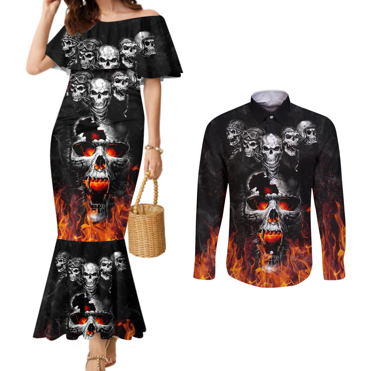 Flaming Skull Hoodie Couples Matching Mermaid Dress and Long Sleeve Button Shirts Spectral Pyre DT01