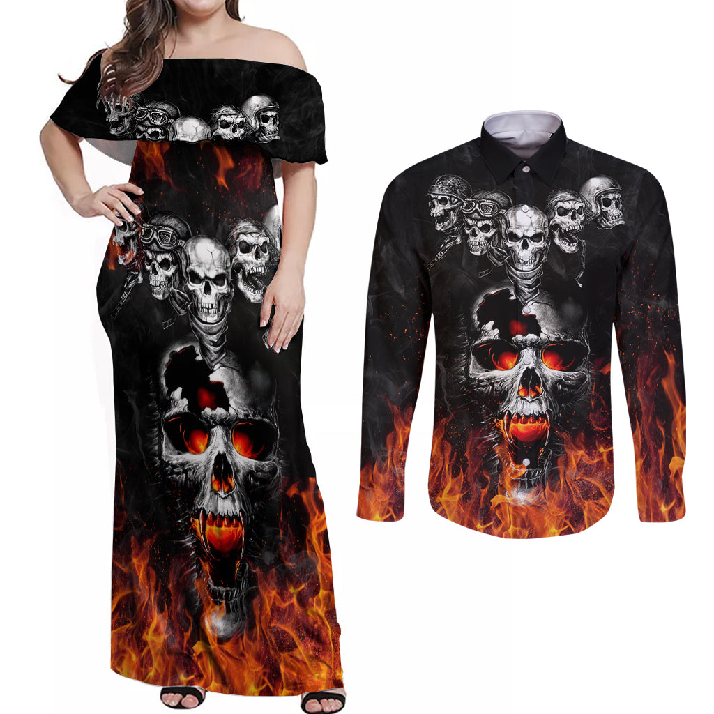 Flaming Skull Hoodie Couples Matching Off Shoulder Maxi Dress and Long Sleeve Button Shirts Spectral Pyre - Wonder Print Shop