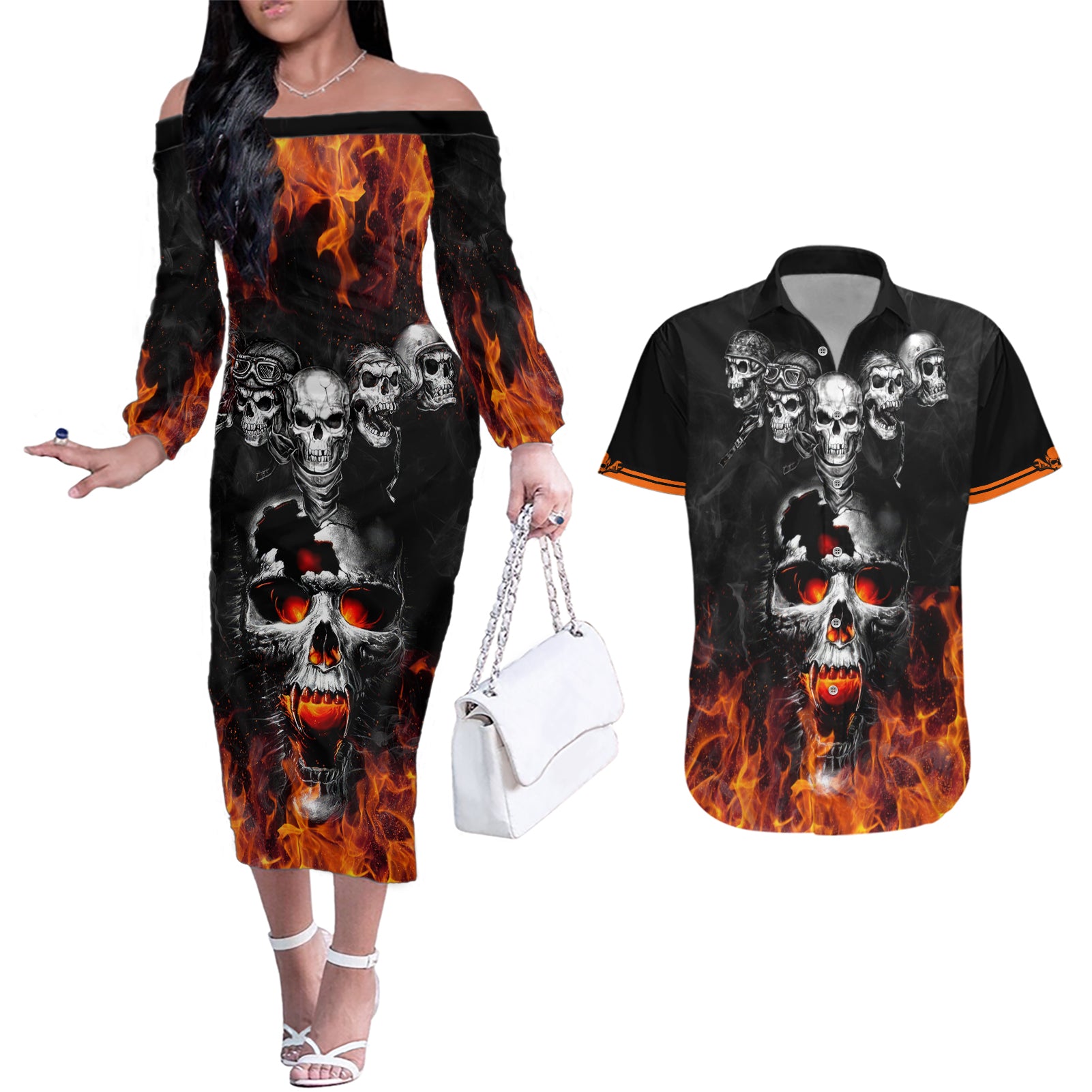 Flaming Skull Hoodie Couples Matching Off The Shoulder Long Sleeve Dress and Hawaiian Shirt Spectral Pyre - Wonder Print Shop