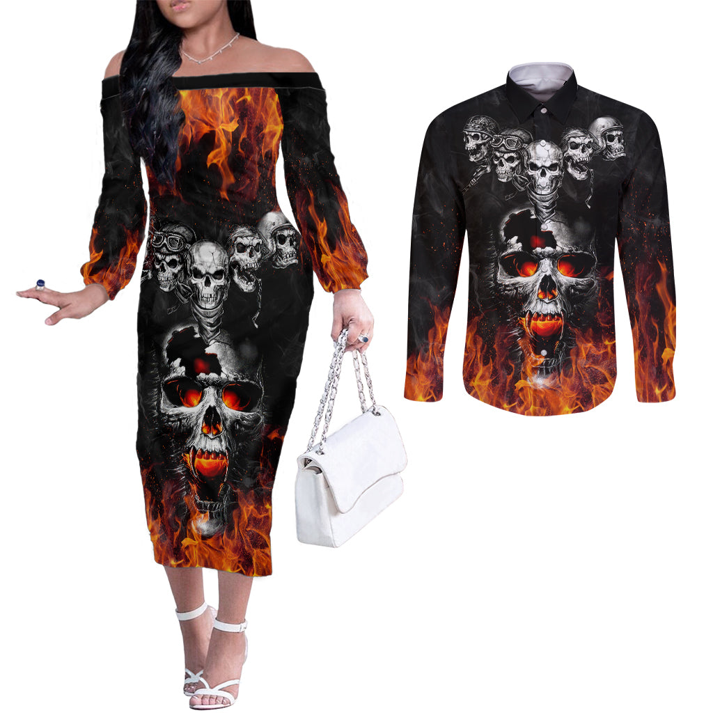 Flaming Skull Hoodie Couples Matching Off The Shoulder Long Sleeve Dress and Long Sleeve Button Shirts Spectral Pyre DT01