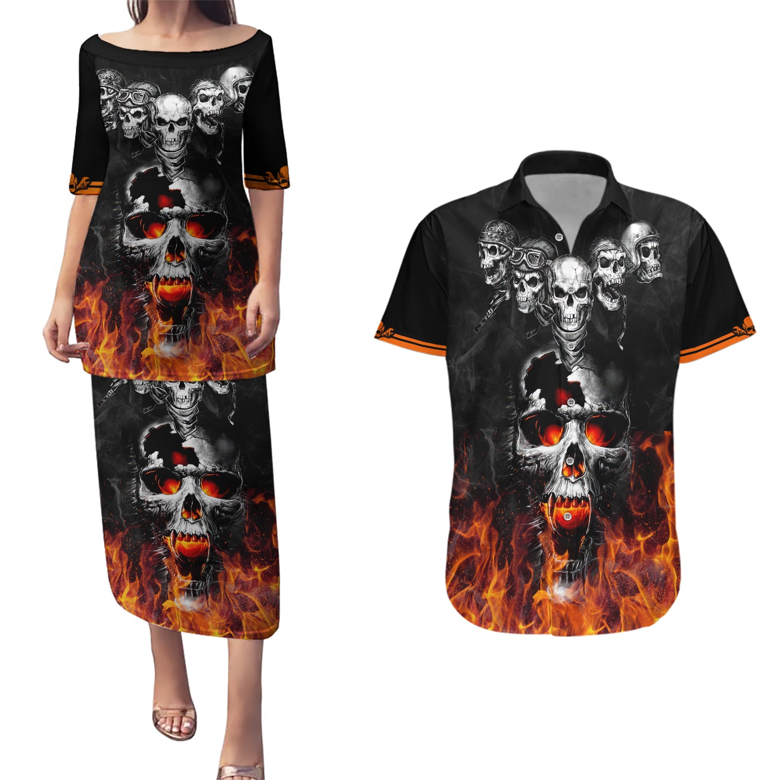 Flaming Skull Hoodie Couples Matching Puletasi Dress and Hawaiian Shirt Spectral Pyre - Wonder Print Shop