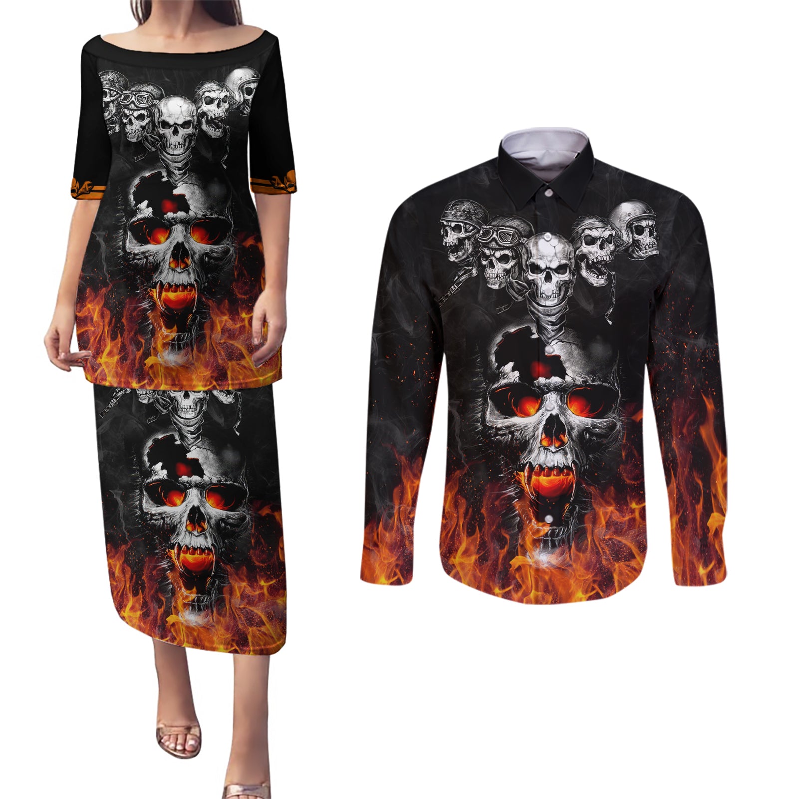 Flaming Skull Hoodie Couples Matching Puletasi Dress and Long Sleeve Button Shirts Spectral Pyre - Wonder Print Shop