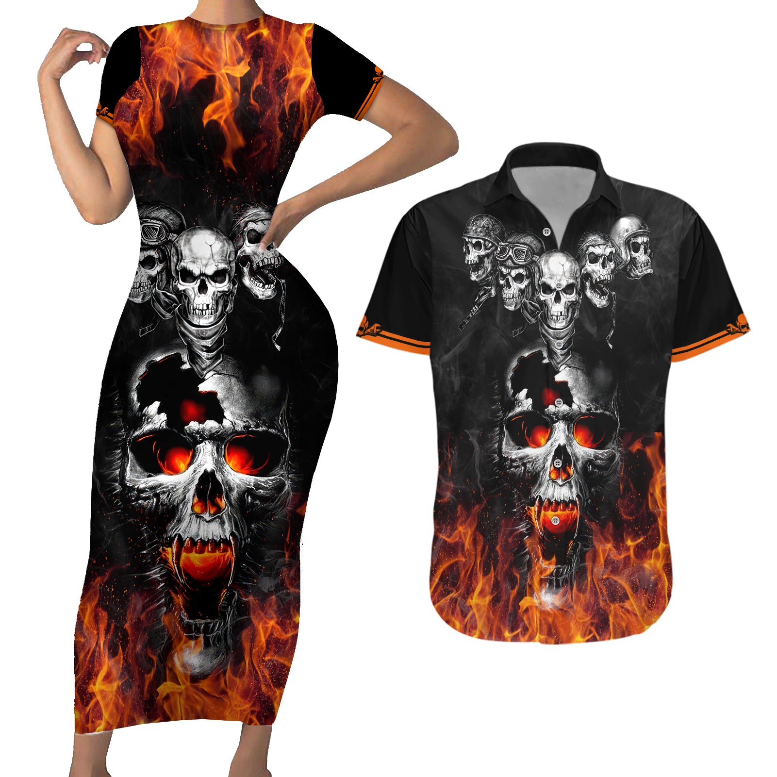 Flaming Skull Hoodie Couples Matching Short Sleeve Bodycon Dress and Hawaiian Shirt Spectral Pyre - Wonder Print Shop